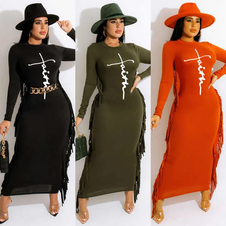 Beautiful Green FAITH Logo Long Sleeve Fringe Maxi Dress