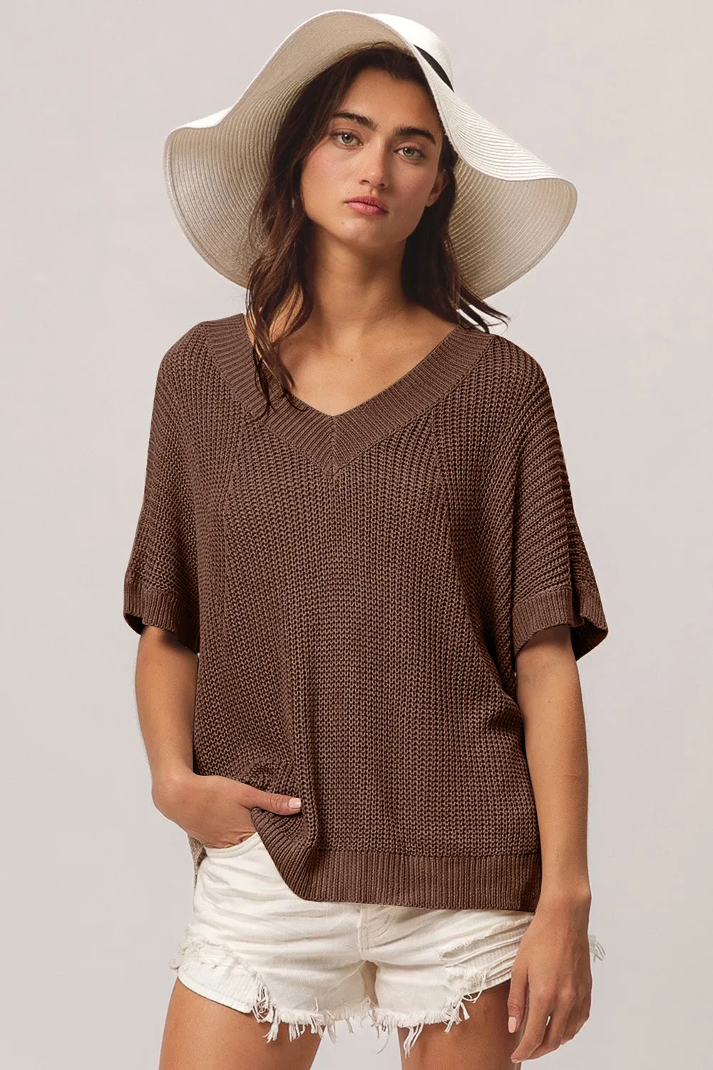 BiBi V-Neck Slit Short Sleeve Sweater