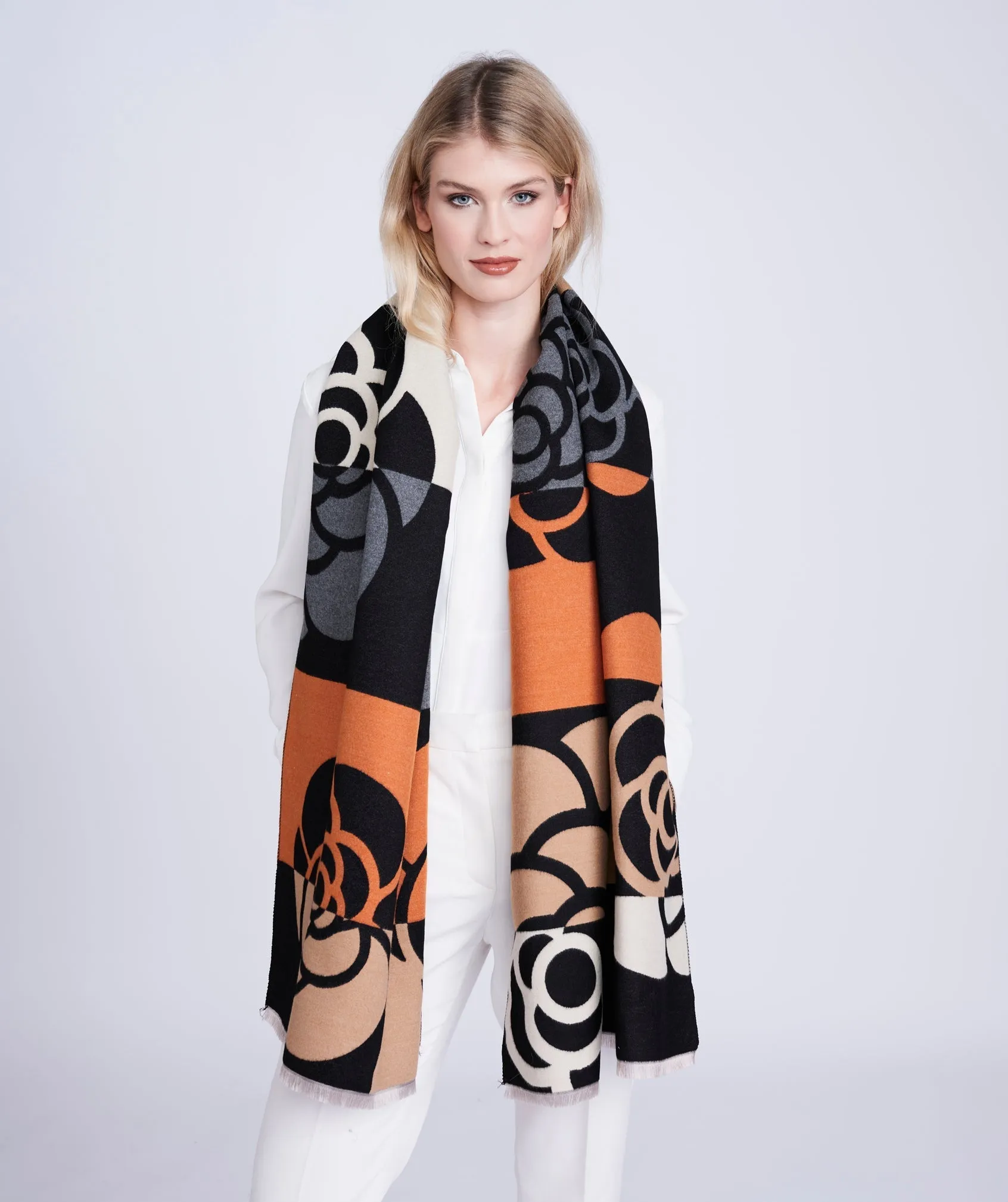 Black and Orange Oversized Floral Print Scarf