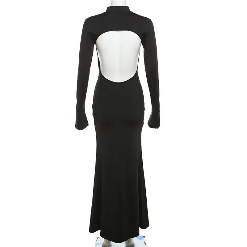 Black Backless Maxi Dress for Women with Trumpet Sleeves - 2024 Autumn Collection