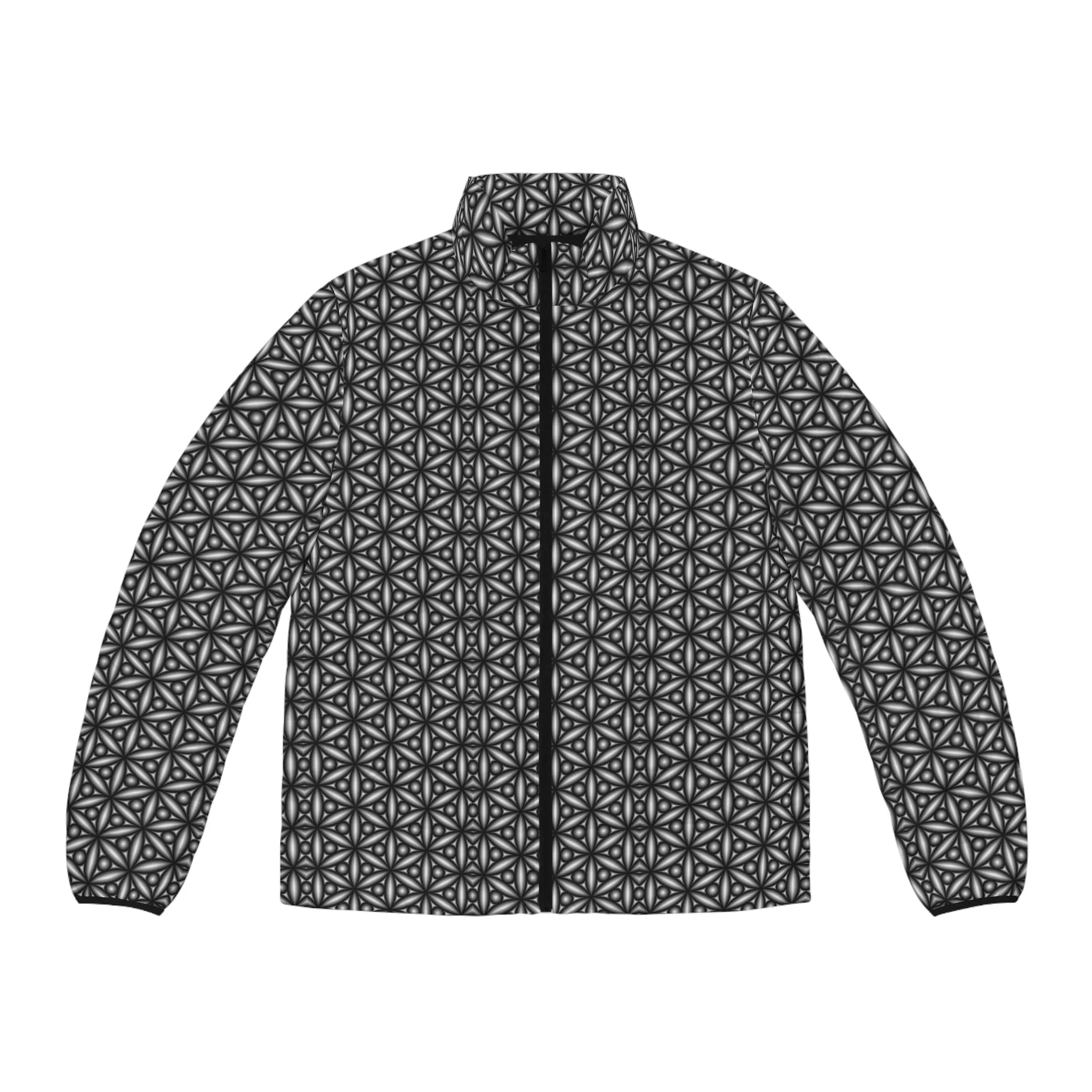 Black Geometric Men's Puffer Jacket (AOP)