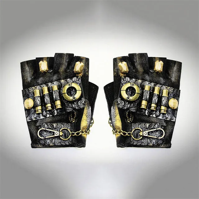 Black Leather & Gold Metal Half Finger Steampunk Gloves Halloween Vintage Gothic Clothing Women Cosplay Anime Accessories Adult