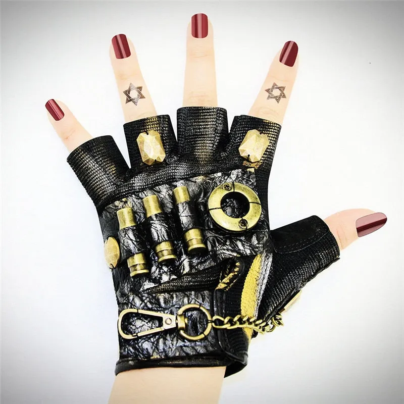 Black Leather & Gold Metal Half Finger Steampunk Gloves Halloween Vintage Gothic Clothing Women Cosplay Anime Accessories Adult