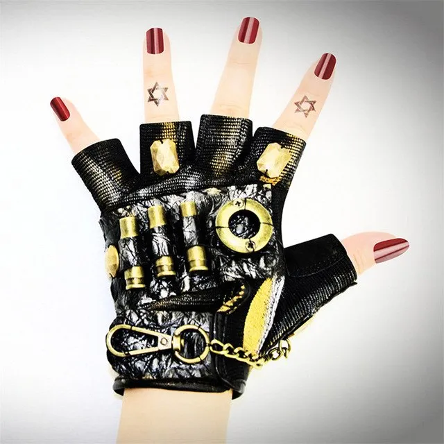 Black Leather & Gold Metal Half Finger Steampunk Gloves Halloween Vintage Gothic Clothing Women Cosplay Anime Accessories Adult