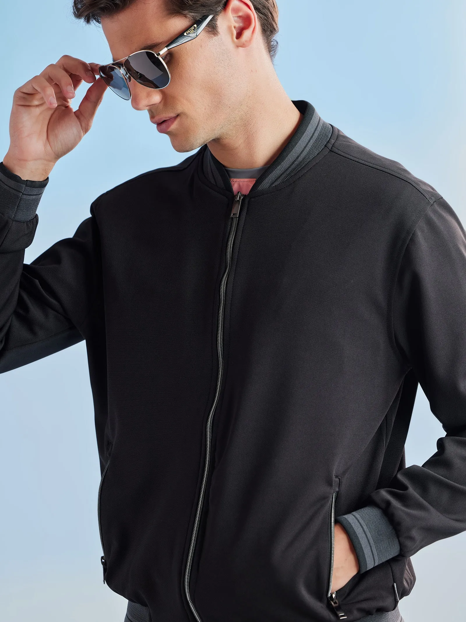 Black Textured 4-Way Stretch Bomber Jacket