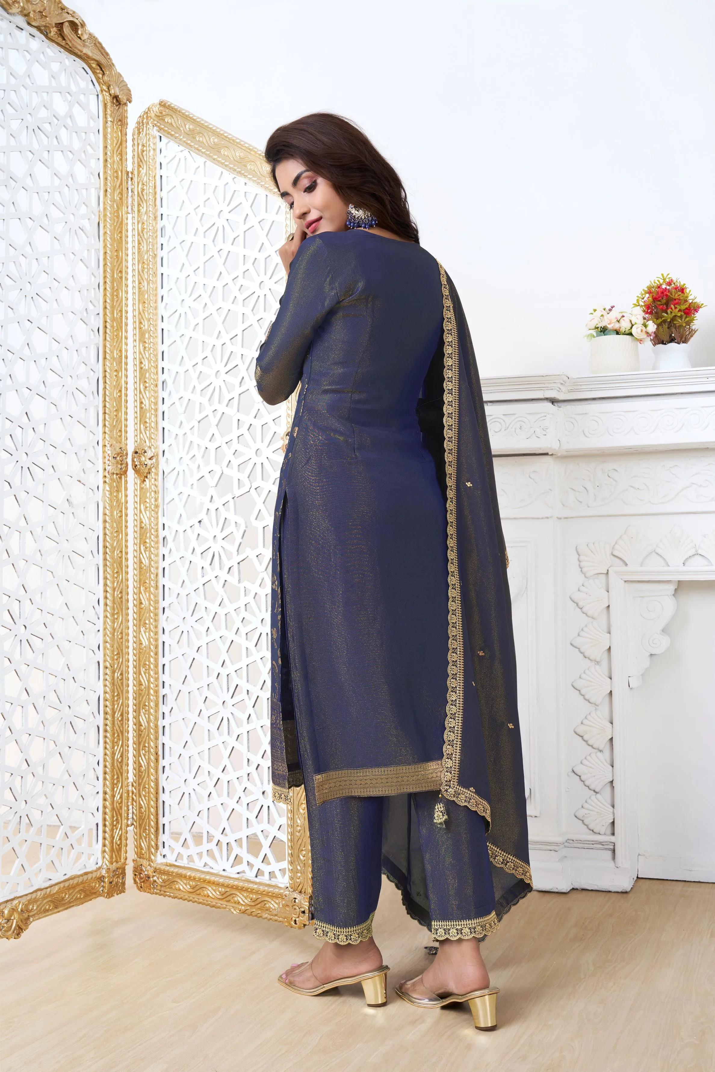 Blue Banarasi Tissue Silk Pants Set