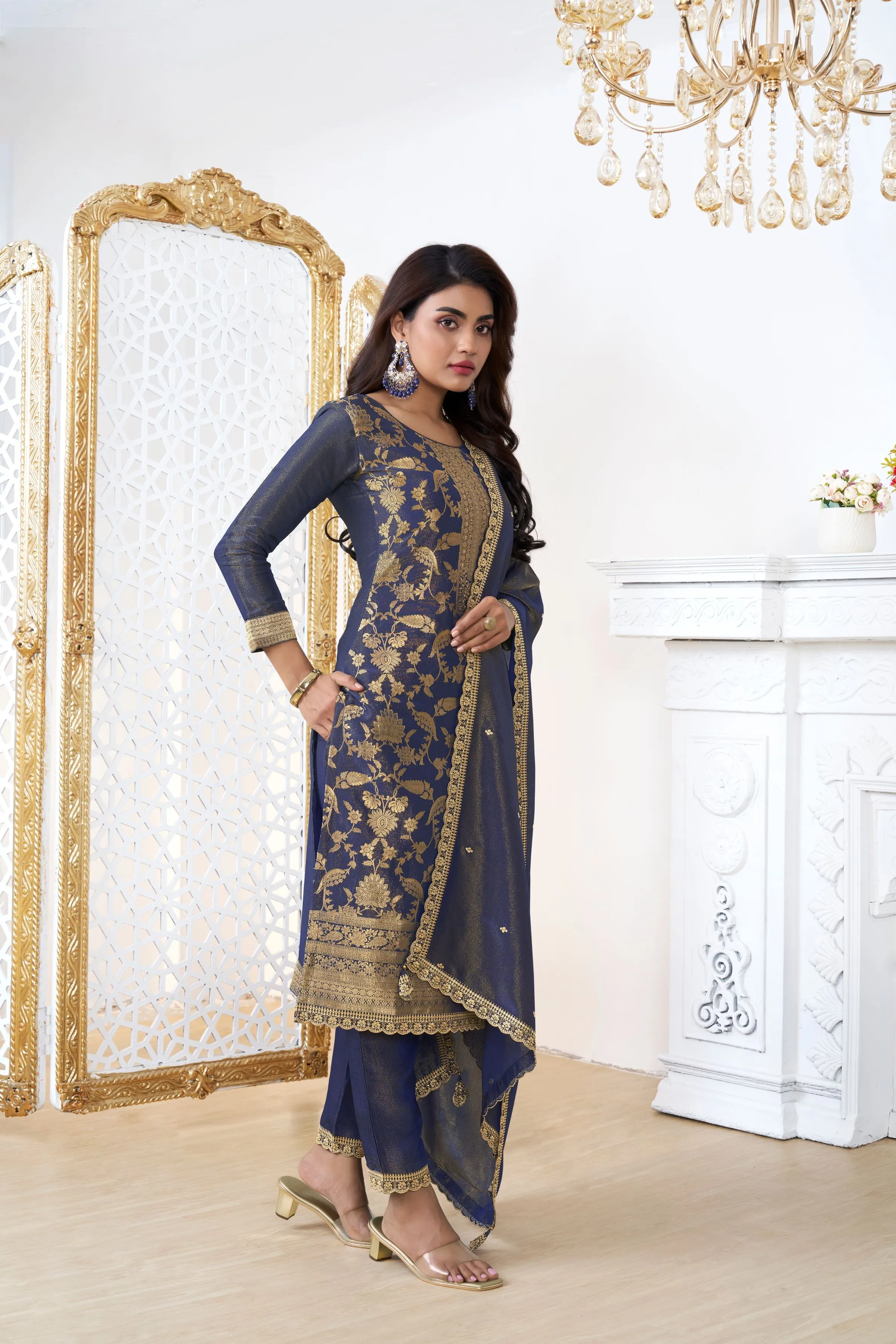 Blue Banarasi Tissue Silk Pants Set