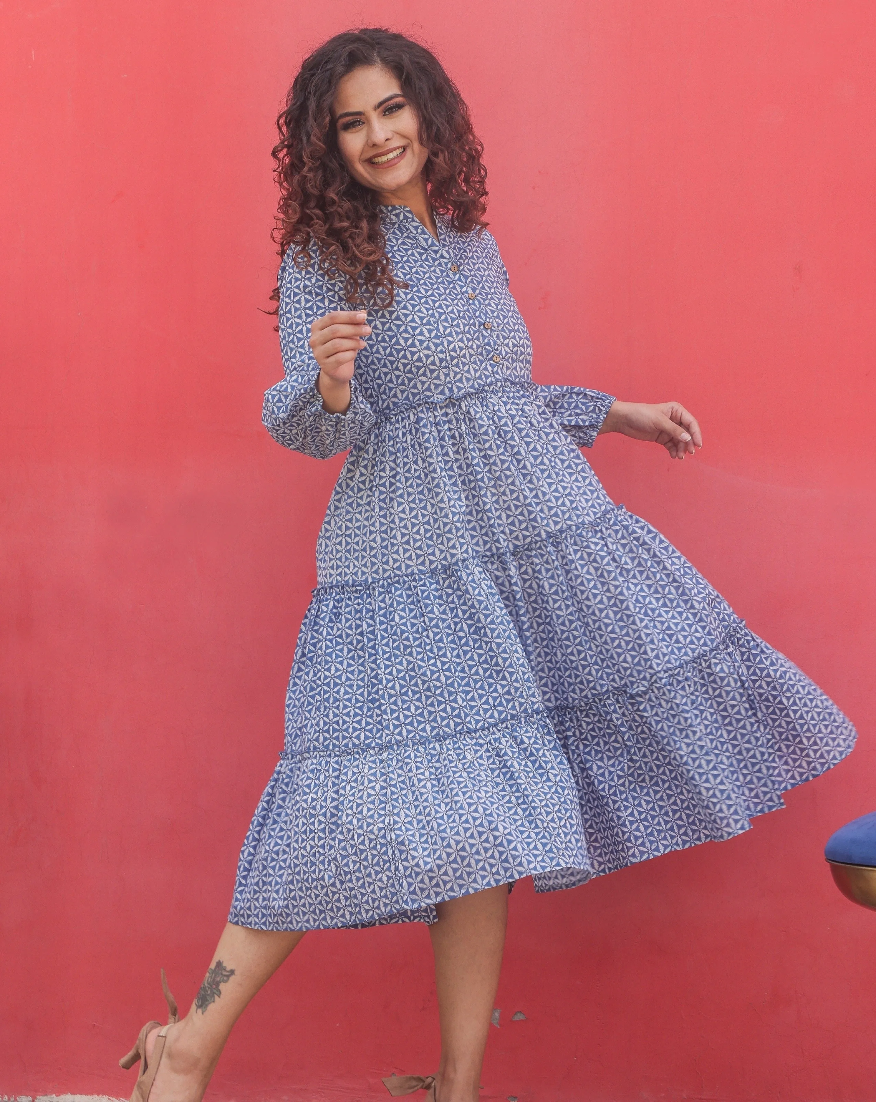 Blue Cotton Block Print Maxi Dress