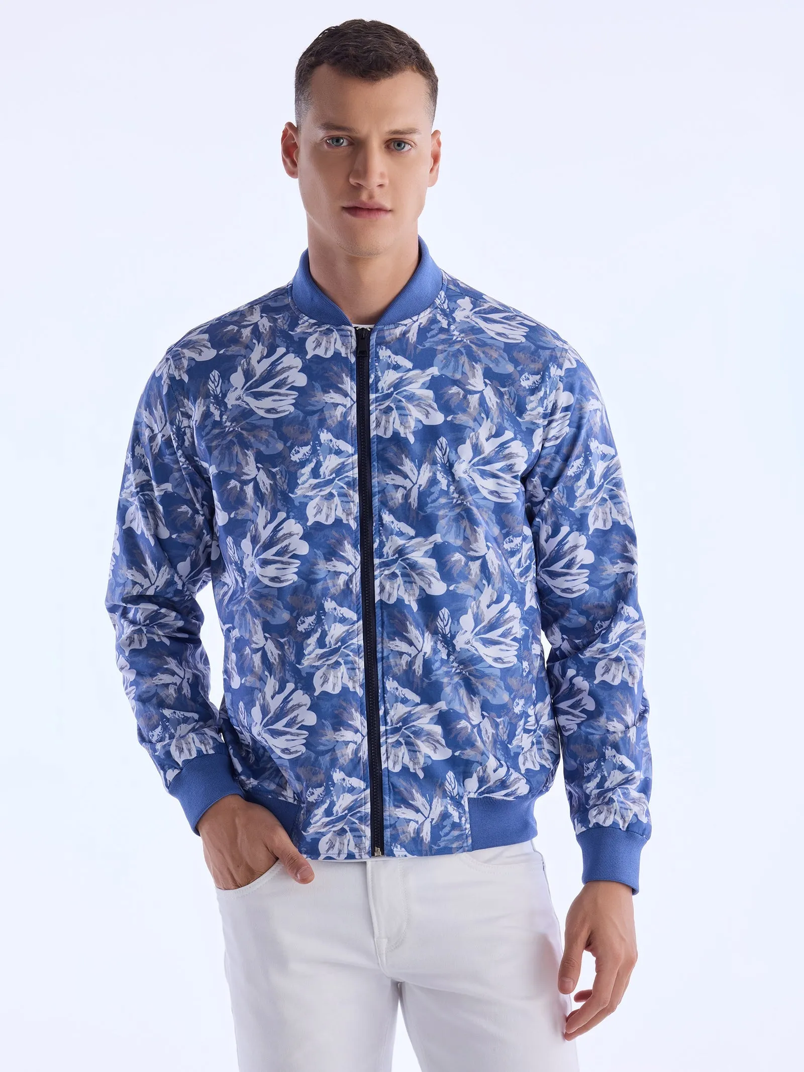 Blue Digital Printed Bomber Jacket