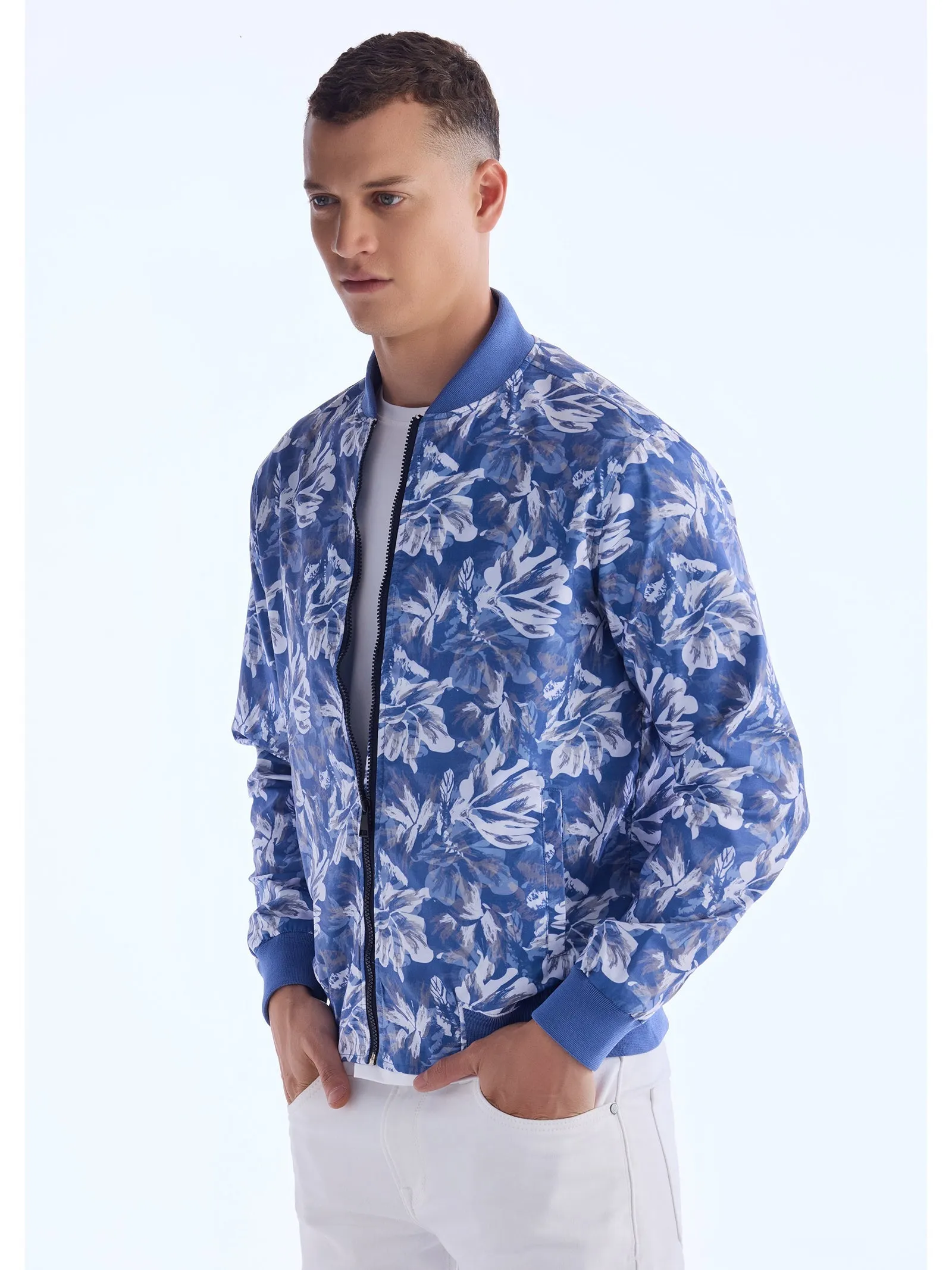 Blue Digital Printed Bomber Jacket