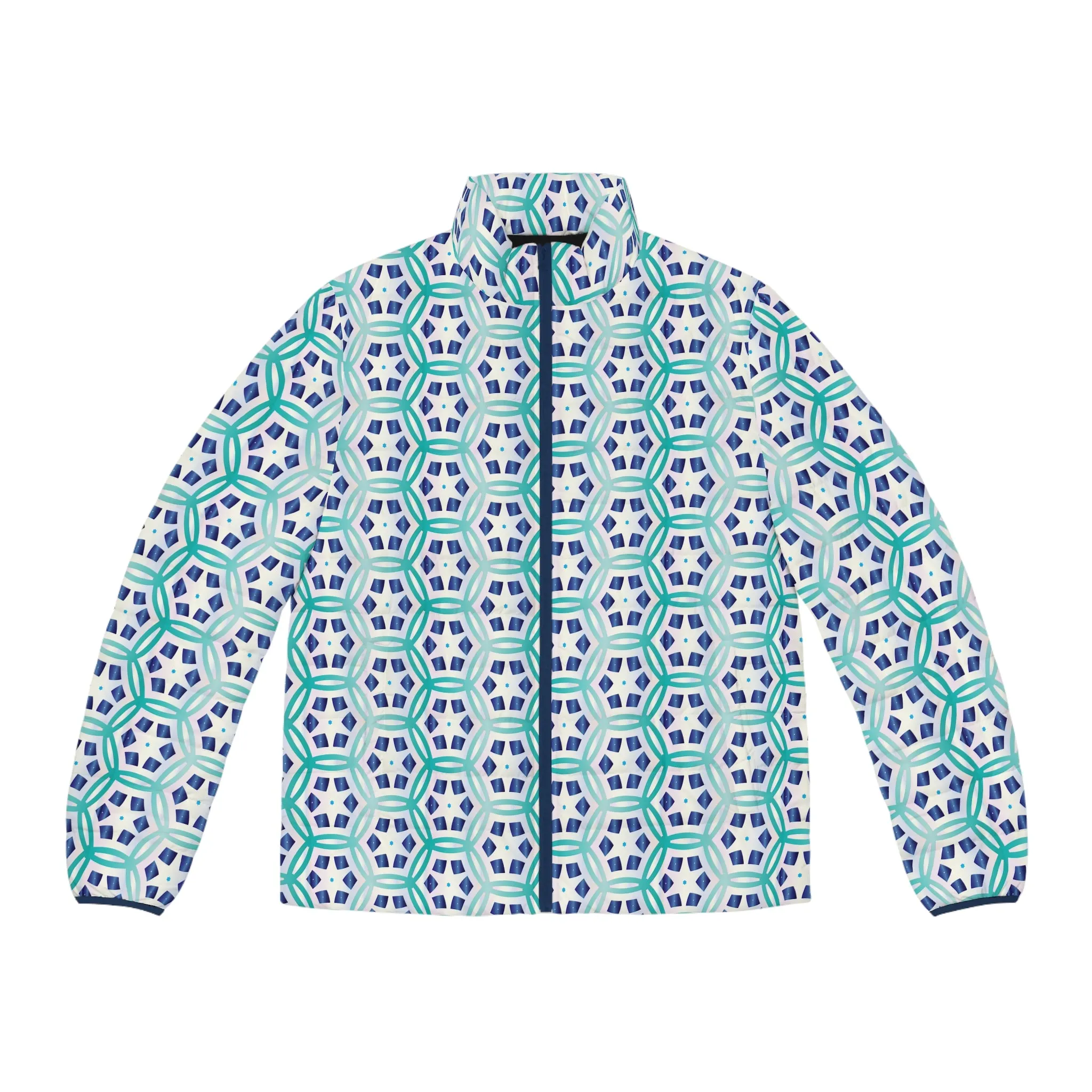 Blue Geometric  Men's Puffer Jacket (AOP)