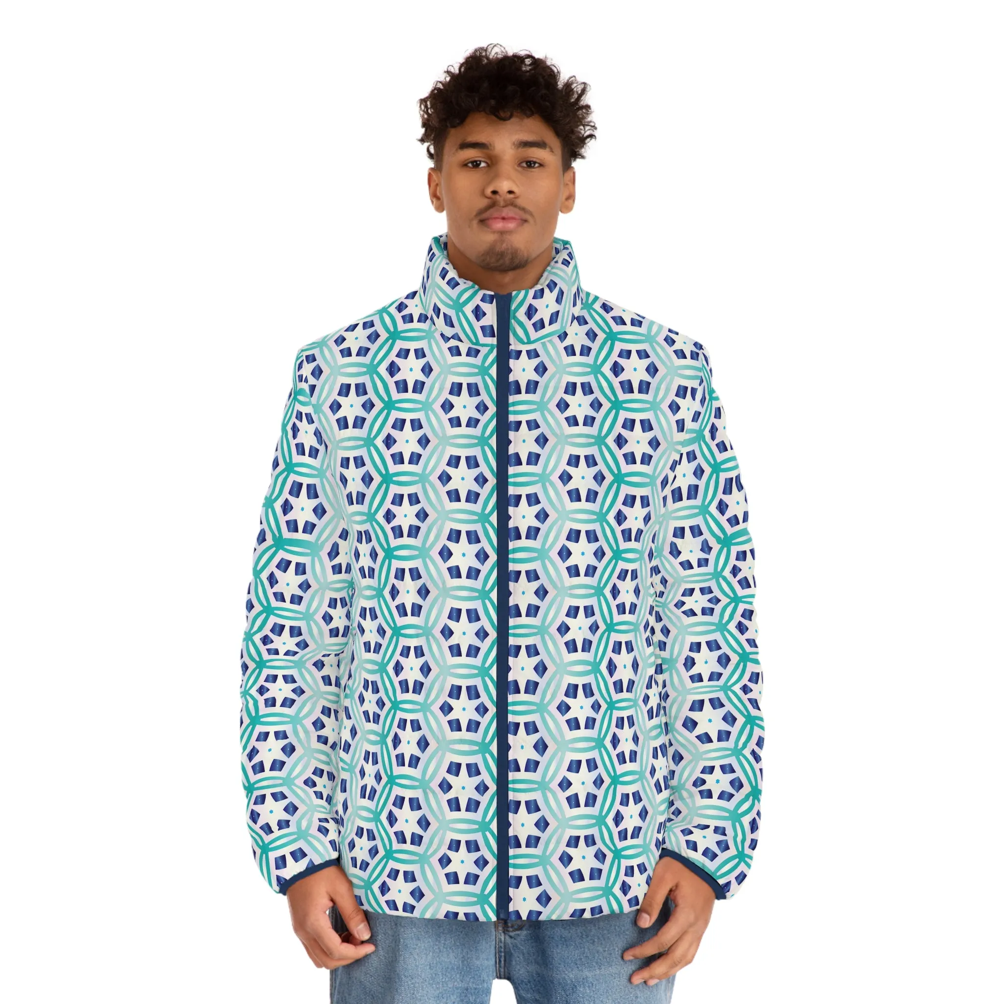 Blue Geometric  Men's Puffer Jacket (AOP)