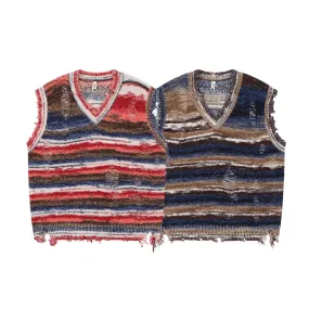 Bonsir Japanese Vintage Striped Spliced V Neck Ripped Vest for Men Chaleco Hombre Baggy Y2K Casual Sleeveless Knitted Sweater Oversized