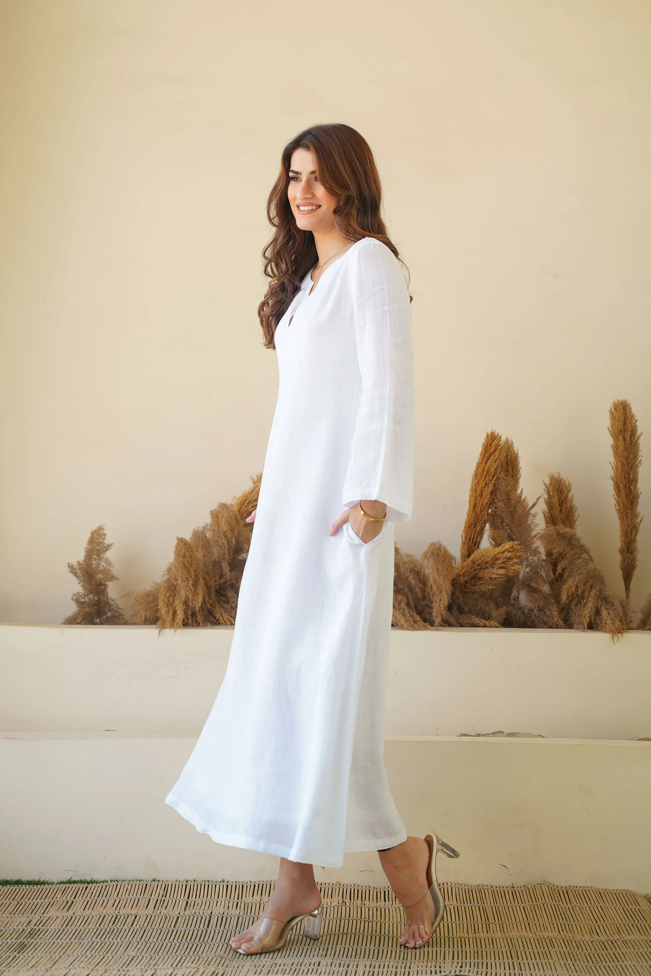 Breezy White Linen Kaftan Dress - Flowy Kaftan Maxi Dress with Long Sleeves & Pockets | Cotton Lining