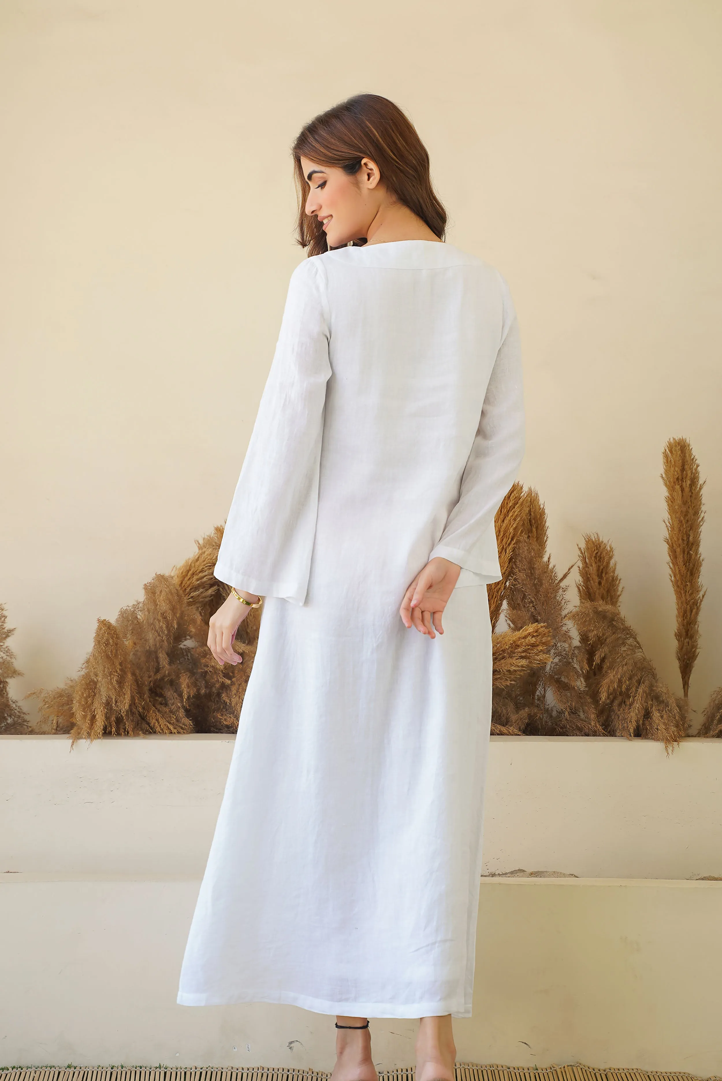 Breezy White Linen Kaftan Dress - Flowy Kaftan Maxi Dress with Long Sleeves & Pockets | Cotton Lining