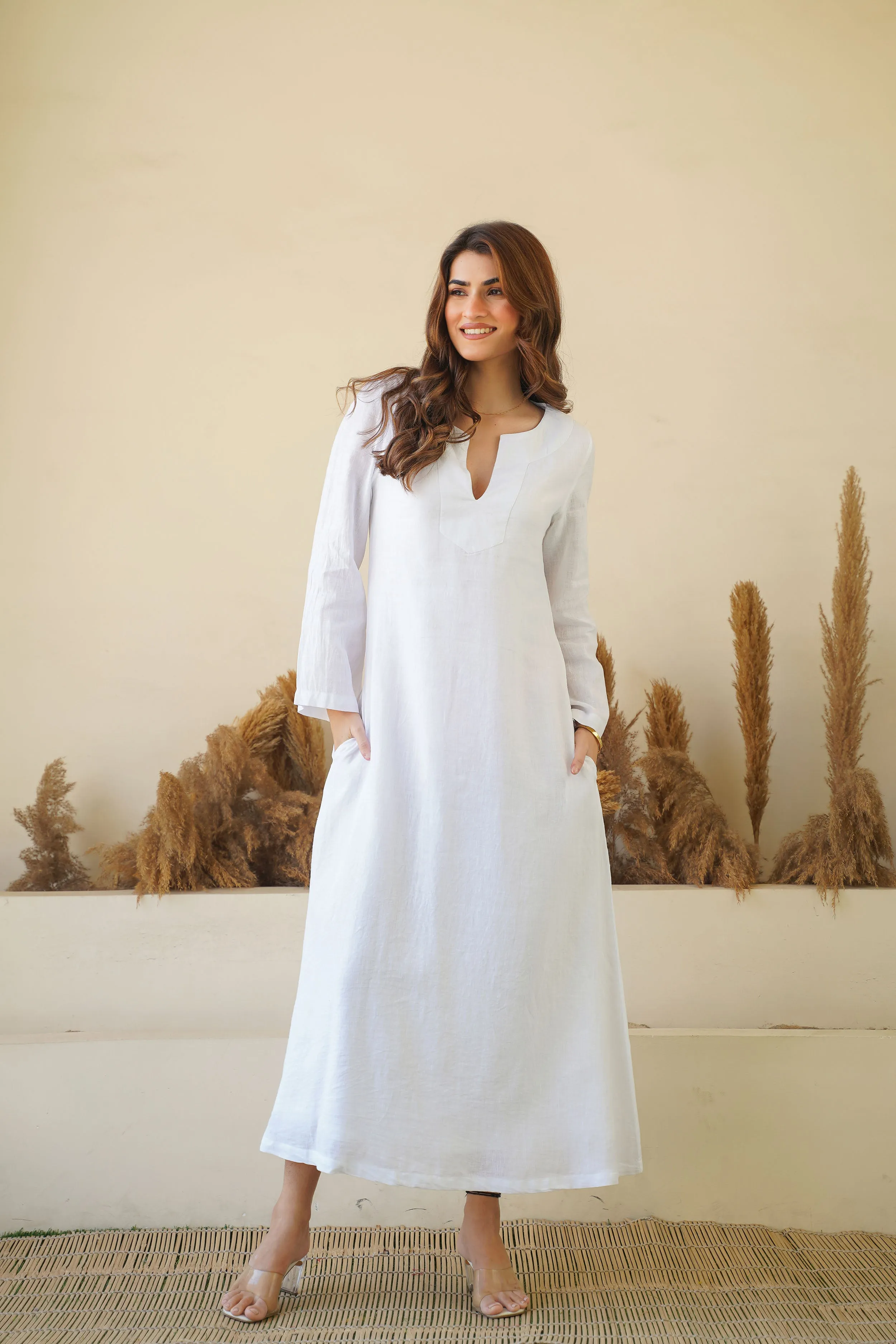 Breezy White Linen Kaftan Dress - Flowy Kaftan Maxi Dress with Long Sleeves & Pockets | Cotton Lining