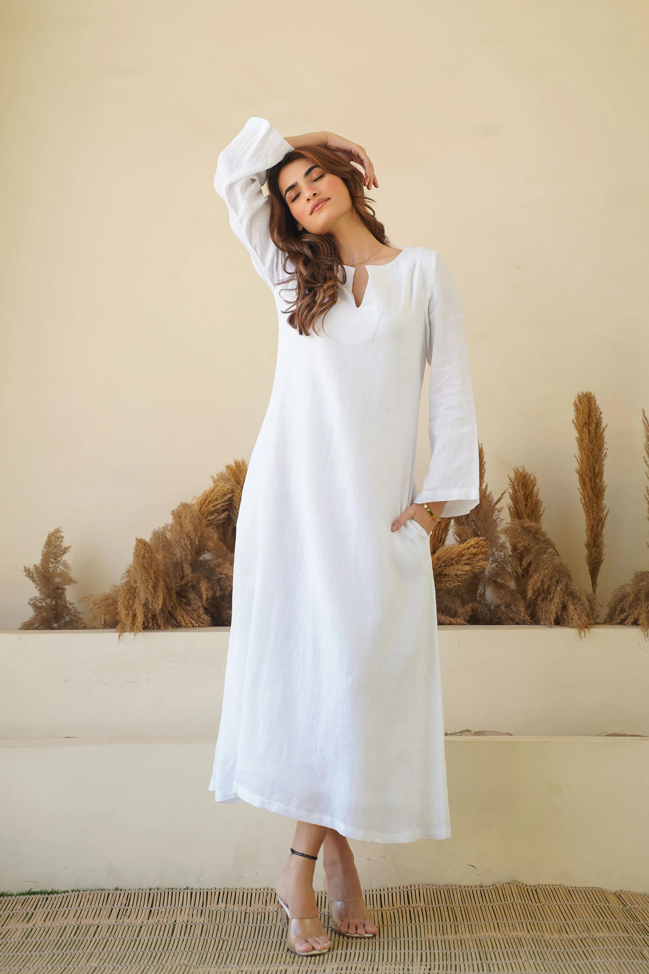 Breezy White Linen Kaftan Dress - Flowy Kaftan Maxi Dress with Long Sleeves & Pockets | Cotton Lining