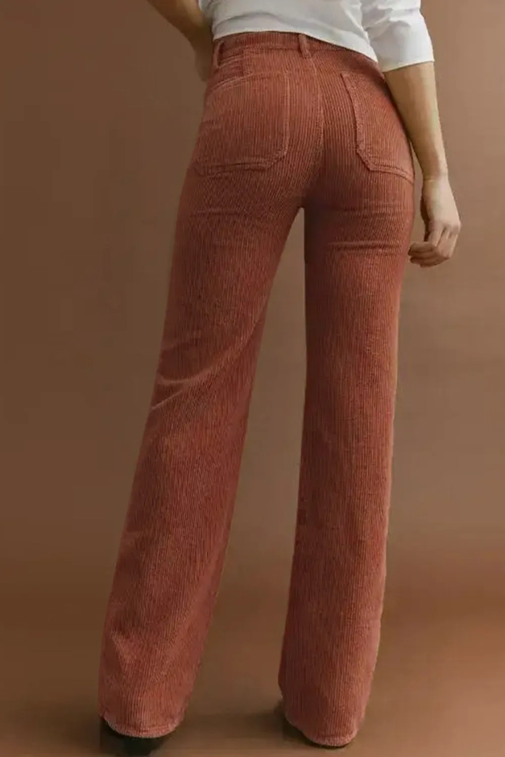 Brown High Waist Pockets Corduroy Flare Leg Pants