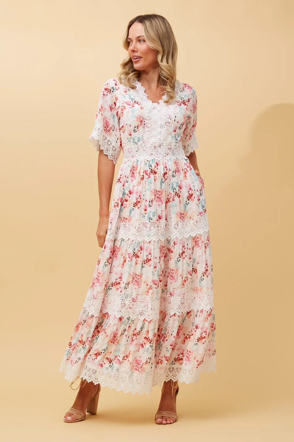 BYRON LACE TRIM FLORAL MAXI DRESS