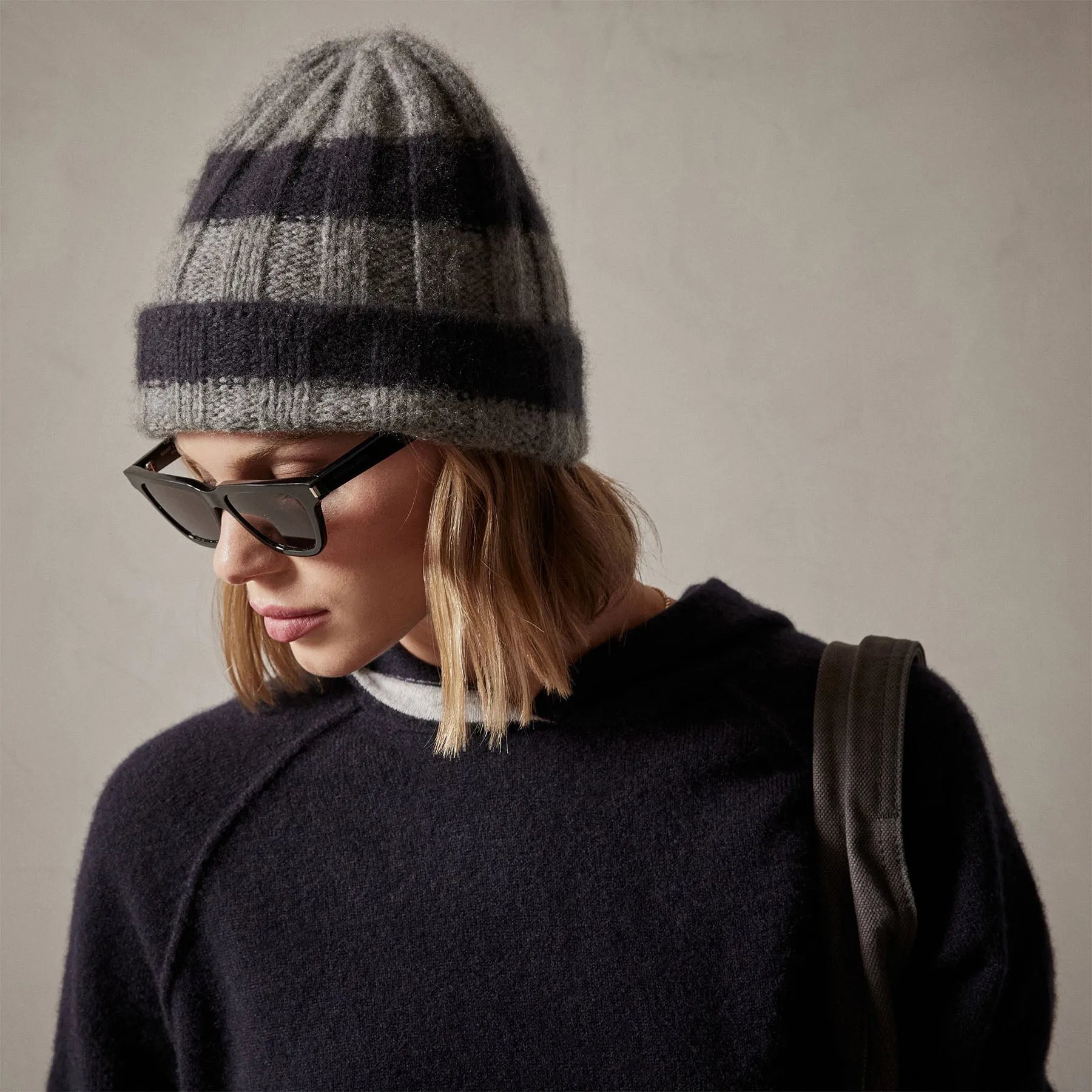 Cashmere Striped Beanie - Black/Thunder