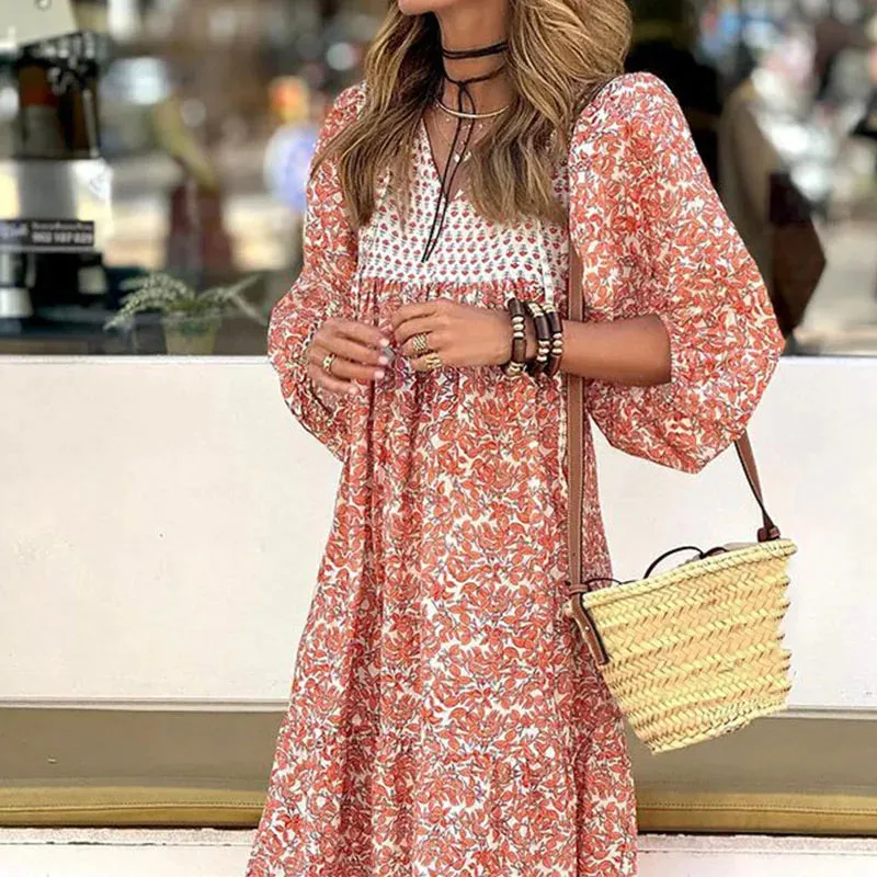 Casual Summer Print V-Neck Maxi Fashion Chic Puff Sleeve Big Swing Floral Loose Dress