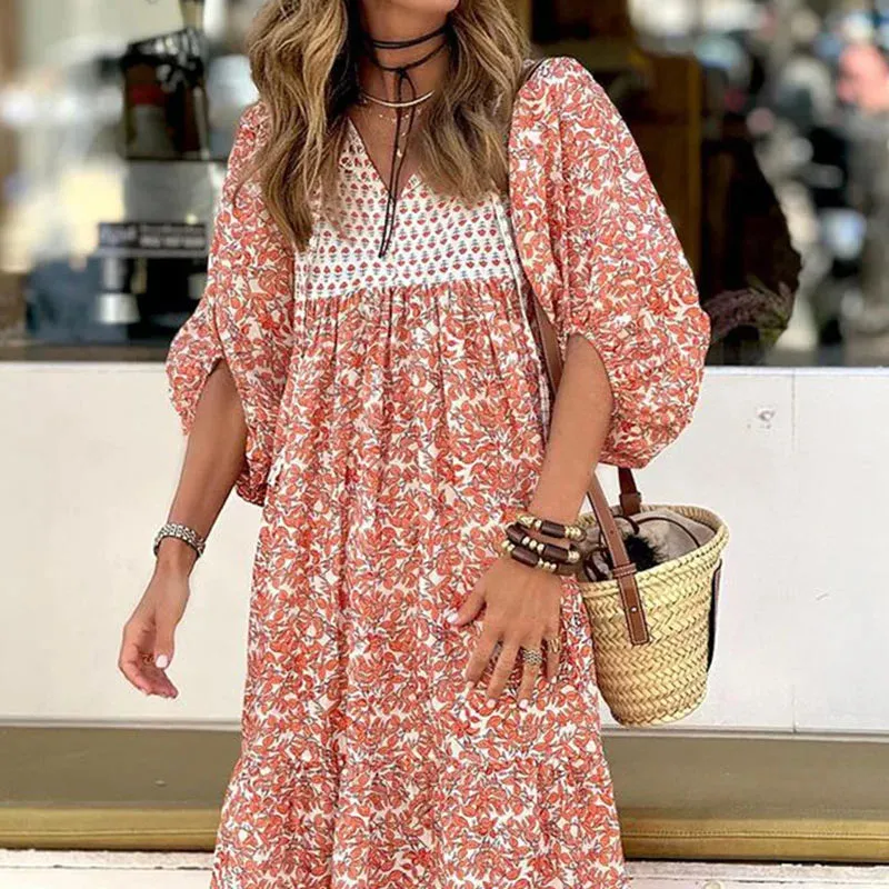 Casual Summer Print V-Neck Maxi Fashion Chic Puff Sleeve Big Swing Floral Loose Dress