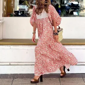 Casual Summer Print V-Neck Maxi Fashion Chic Puff Sleeve Big Swing Floral Loose Dress