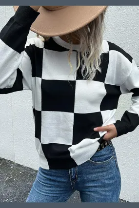 Checkered Drop Shoulder Knit Pullover