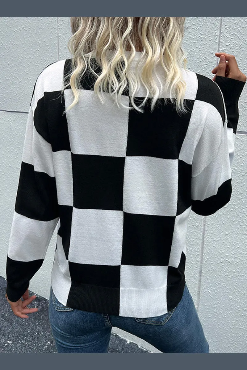 Checkered Drop Shoulder Knit Pullover