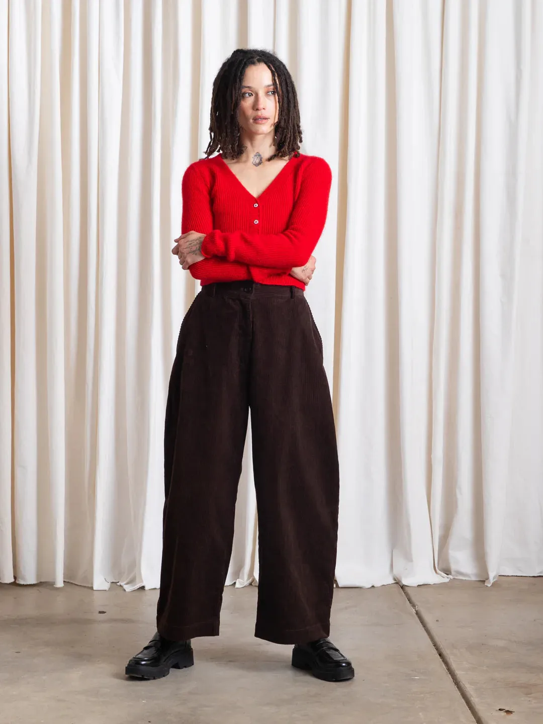 Chocolate Corduroy Loose Barrel Pant