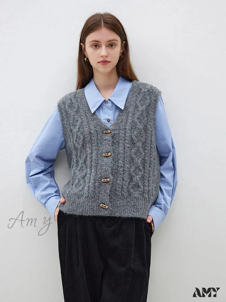 College Style Knitted Vest Autumn Winter New Horn Button Sweater Tank Tops Casual Office Lady Coat