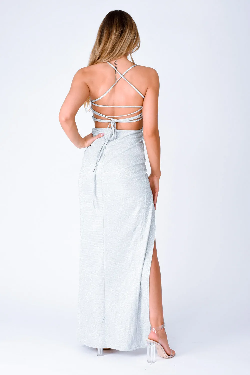 Costa Rica Silver Glitter Metallic Thigh Slit Maxi Dress