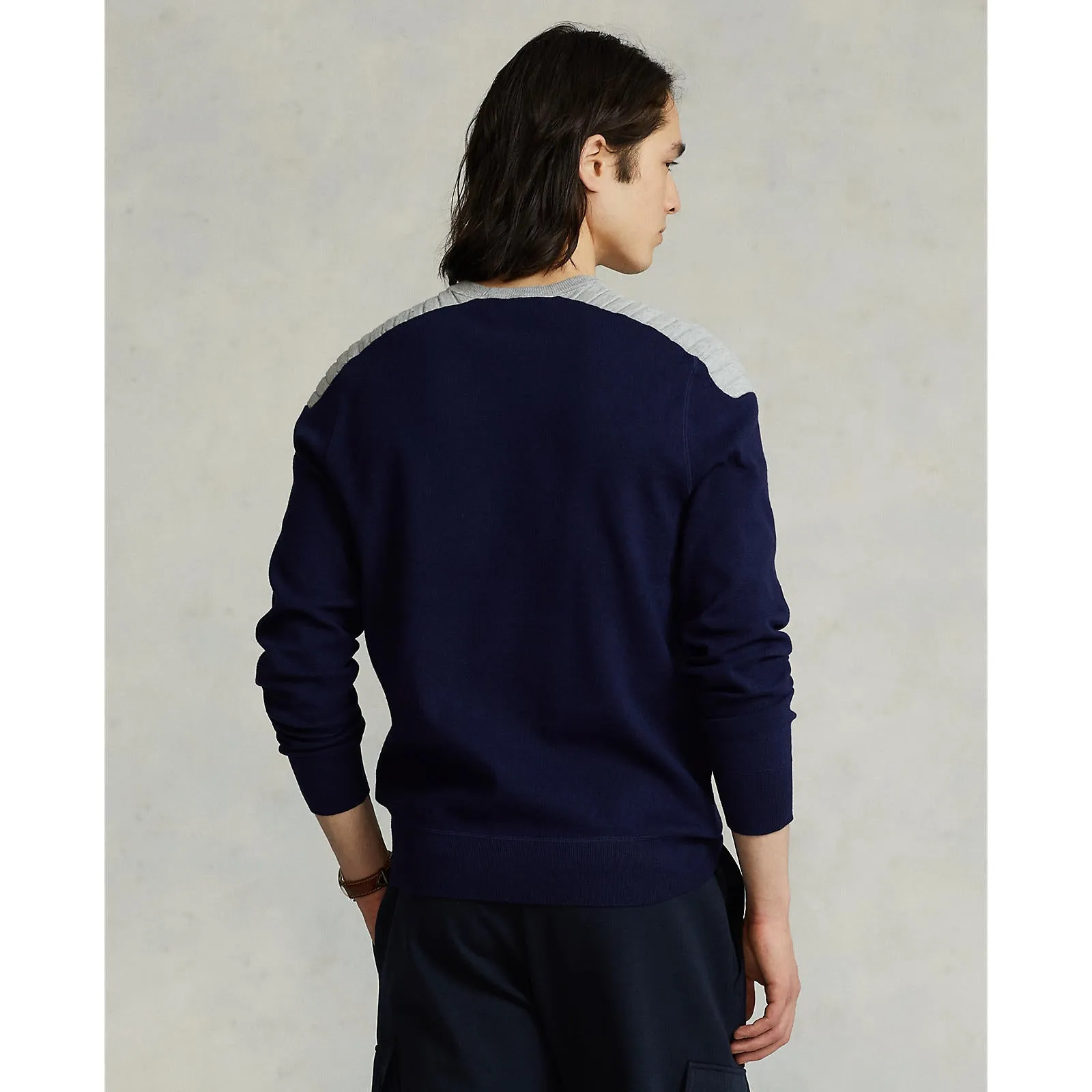 Cotton Blend Crew Neck Sweater - Navy/Grey