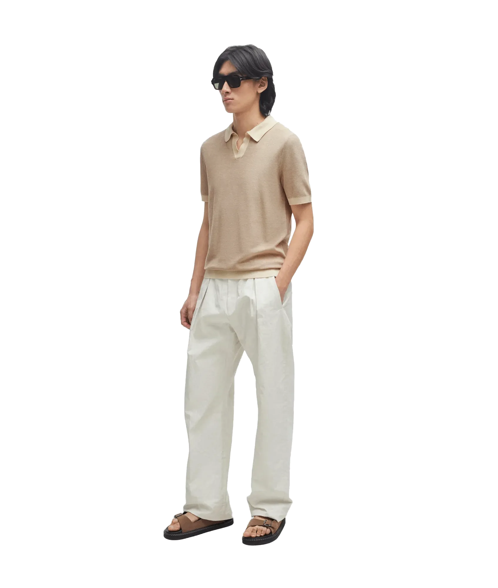 Cotton-blend Polo Sweater With Open Collar - Beige