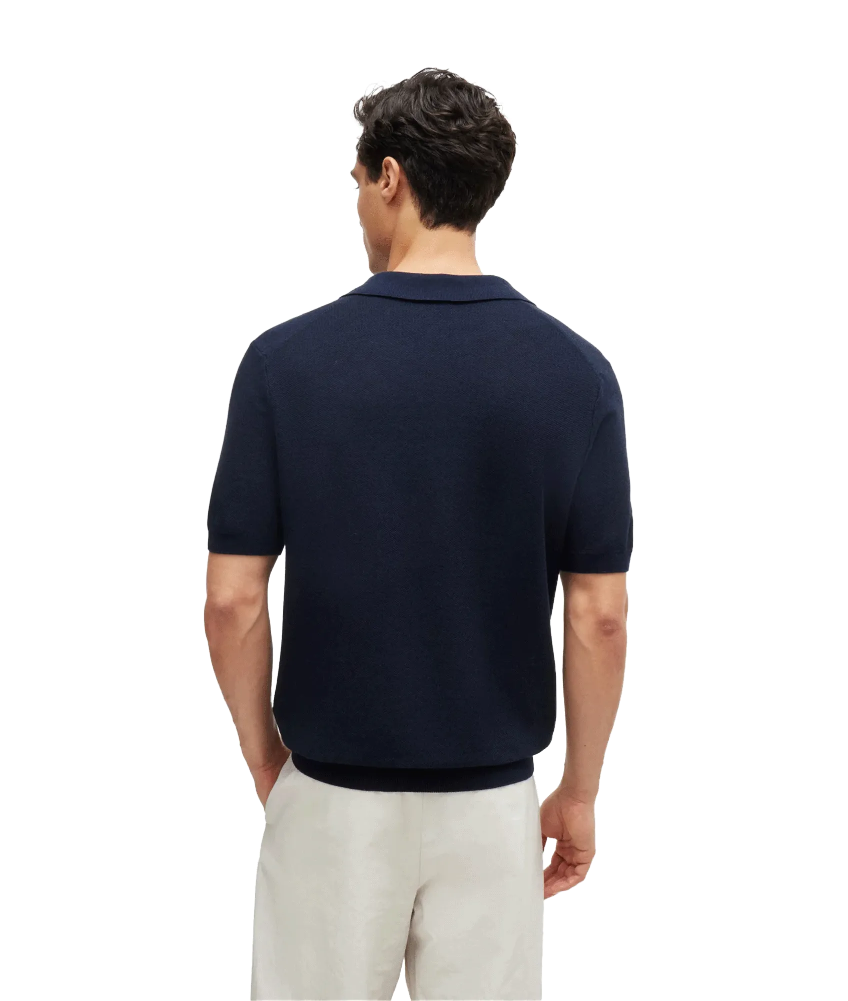 Cotton-blend Polo Sweater With Open Collar - Navy