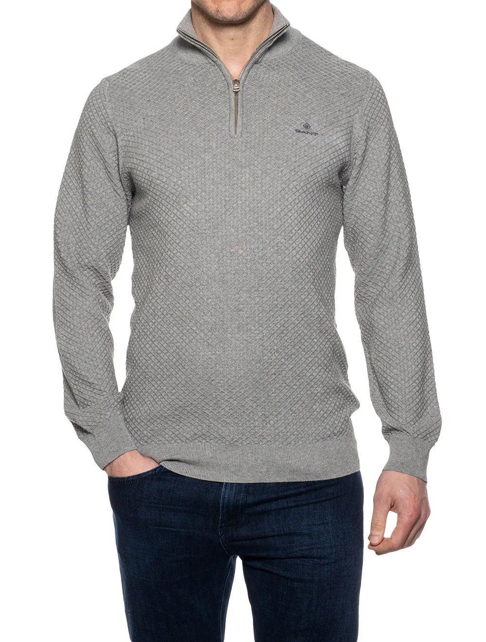 Cotton Texture Half-Zip Sweater Grey Melange