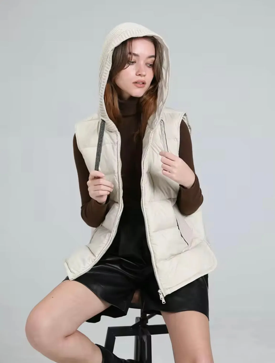 Cozy Chic: Women's Duck Down Vest with Knitted Hood