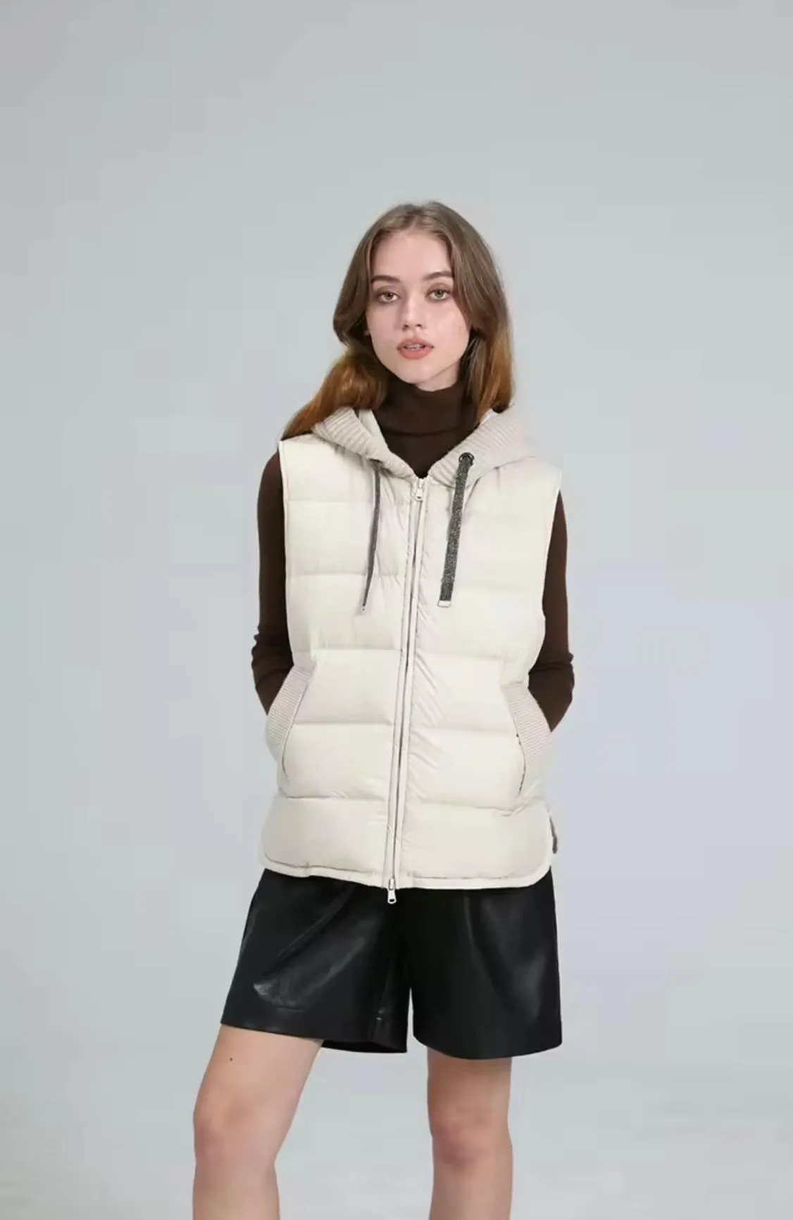 Cozy Chic: Women's Duck Down Vest with Knitted Hood