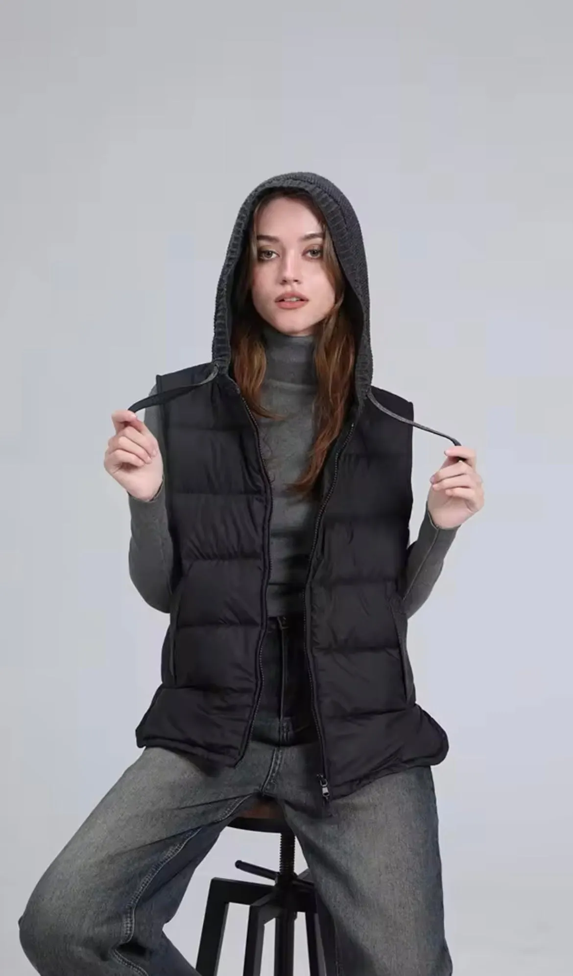 Cozy Chic: Women's Duck Down Vest with Knitted Hood