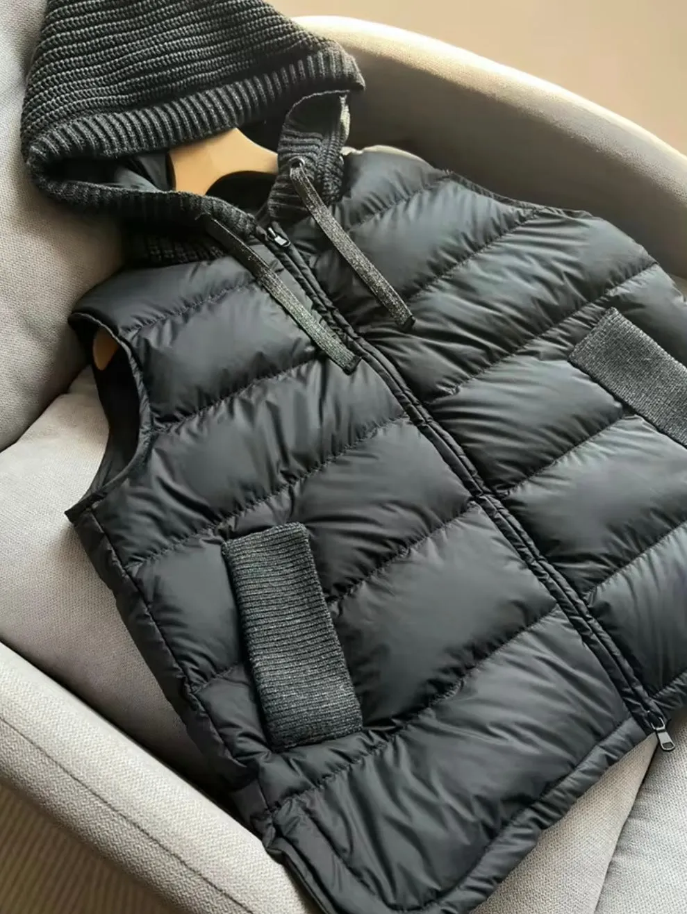 Cozy Chic: Women's Duck Down Vest with Knitted Hood