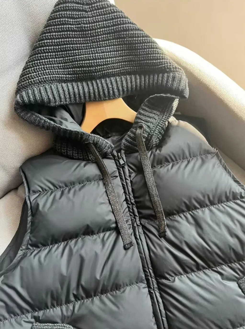 Cozy Chic: Women's Duck Down Vest with Knitted Hood