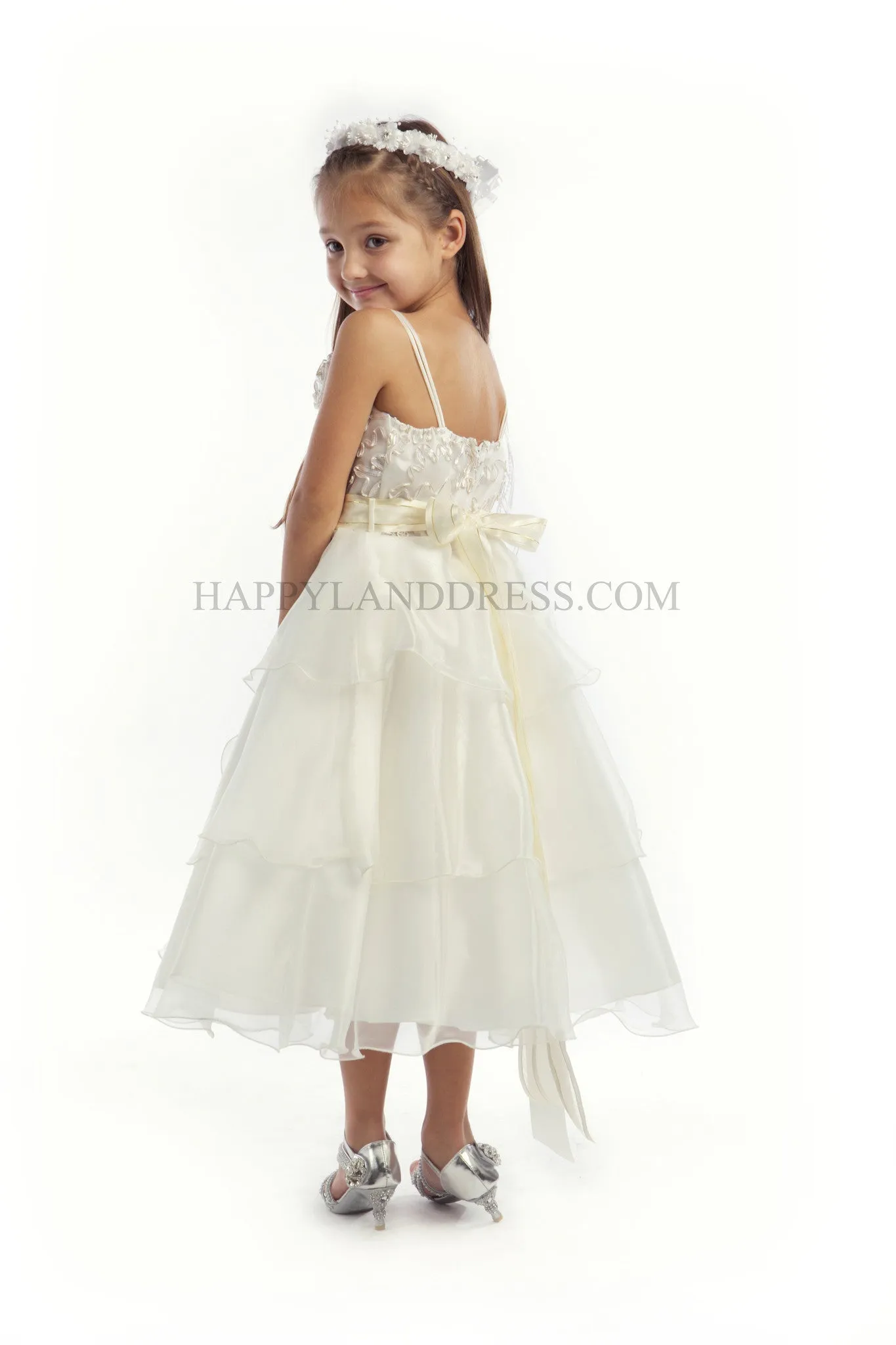 D3179 Rose Patched 3 Layer Organza Skirt Dress (Ivory or White)