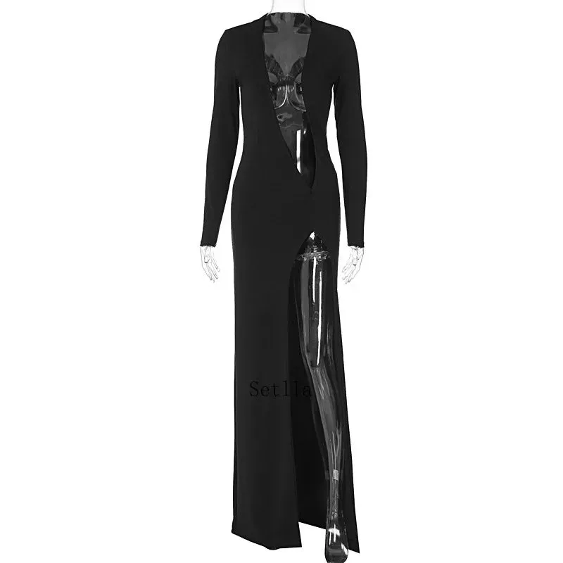 Deep V Neck High Split Long Sleeve Maxi Dress