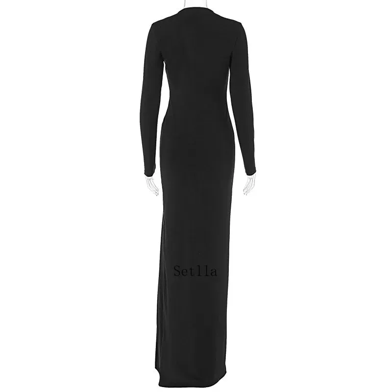 Deep V Neck High Split Long Sleeve Maxi Dress