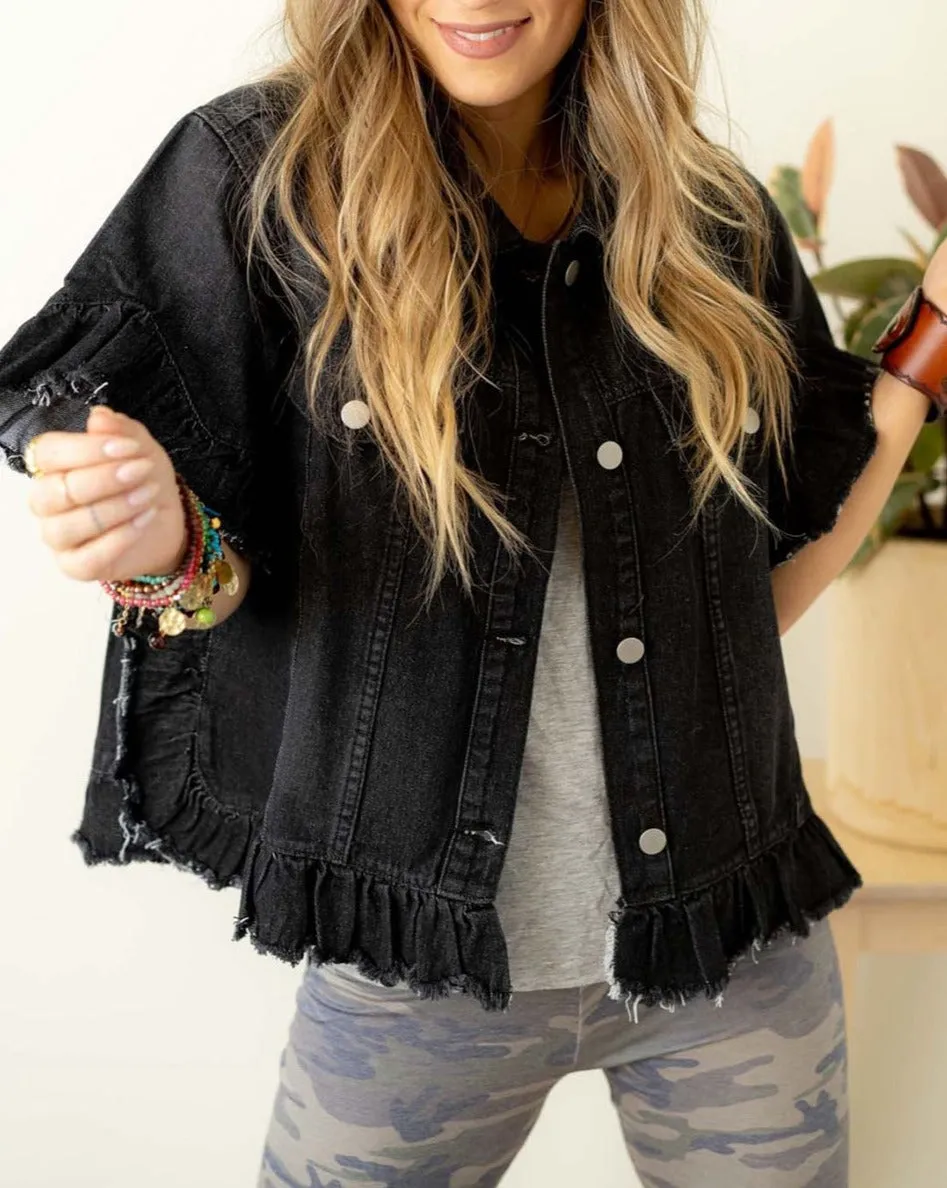 Denim Raw Edge Ruffle Jacket