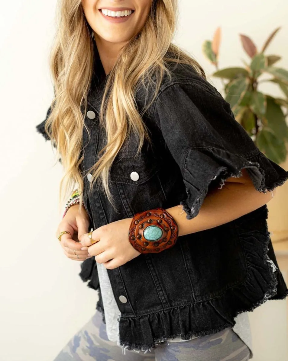 Denim Raw Edge Ruffle Jacket