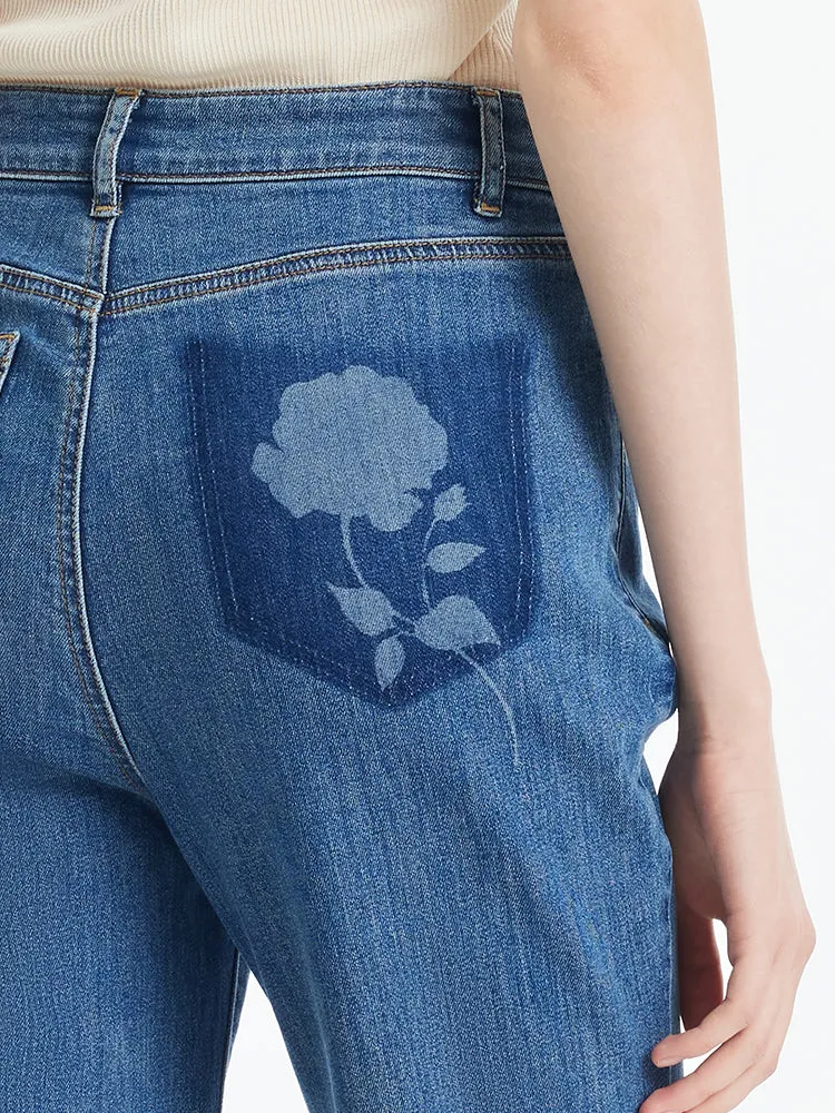 Denim Rose Printed Flared Women Jeans