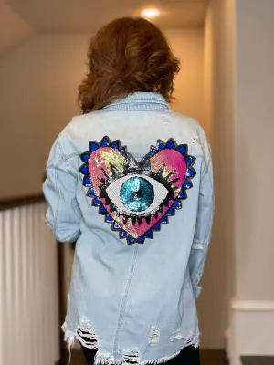 Distressed Denim Shacket with Evil Eye Heart Embellishment