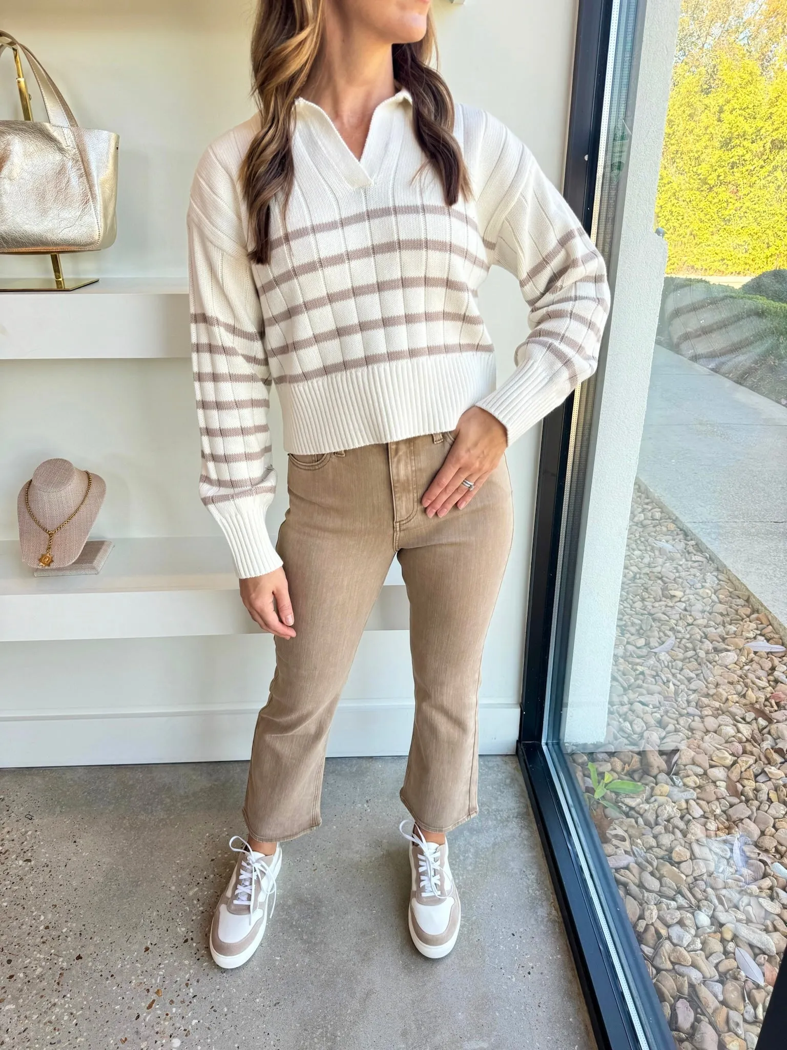 Ecru Taupe Stripe Arlo Polo Sweater