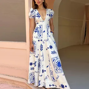 Elegant Maxi Pockets Printed Sexy V Neck Commuter Chic Puff Sleeve Floral French Dress